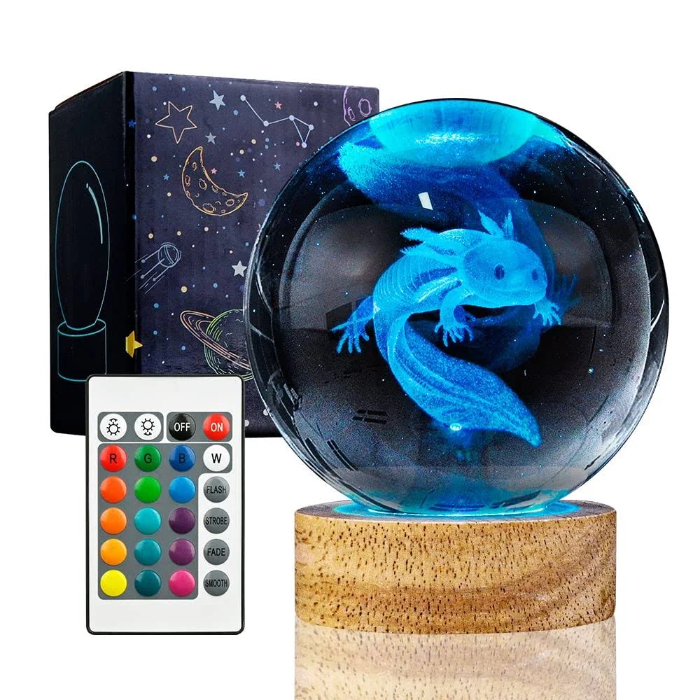 3d Axolotl Crystal Ball Night Light With 16 Color Led Wooden Base Upgraded 3.15 