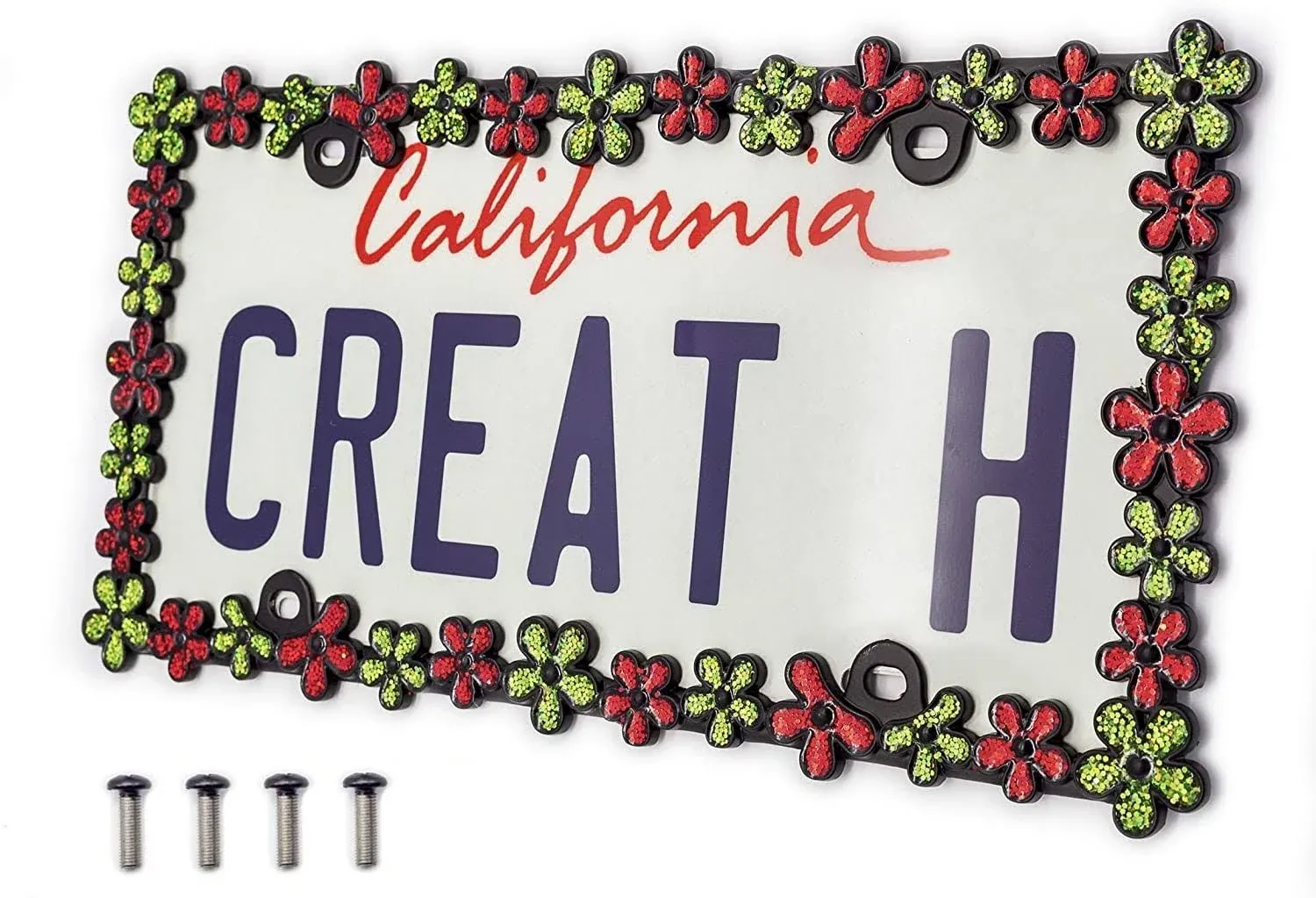 Creathome 3D Shining Daisy Wrenth License Plate Frame from Pure Zinc Alloy Metal Perfect Plate Holder,Matt Black with Red and Green Glitter