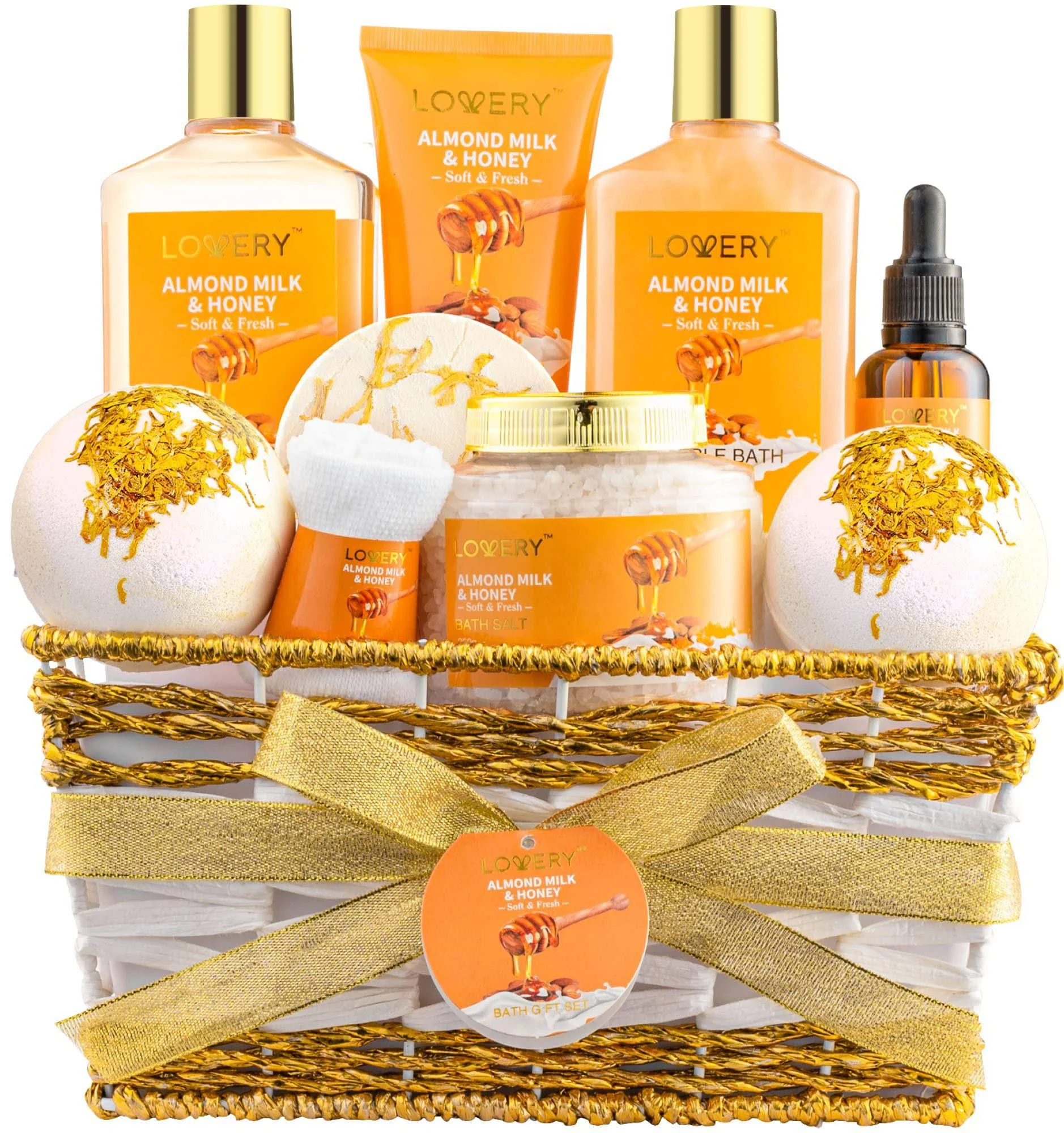 Luxe Almond Milk and Honey Spa Gift Basket - 10pc Home Bath Kit