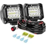 Nilight 2pc 4inch Amber LED Pods Triple Row 60W Flood Spot Combo Driving Fog Lights with 16AWG Wiring Harness-2 Leads for Offroad Pickup Trucks Jeep