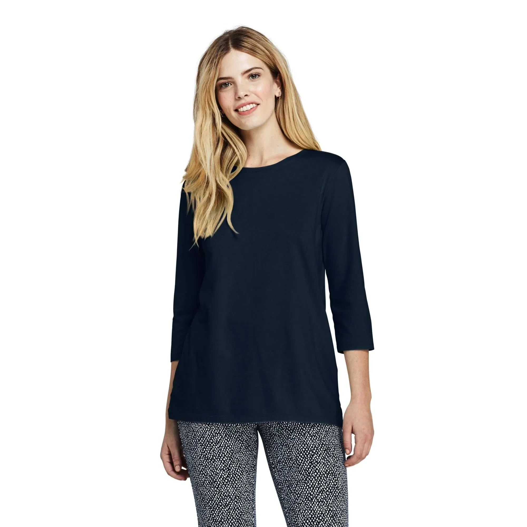 Lands&#039; End 3/4 Slv Supima Cotton Crewneck Tunic Radiant Navy XS NEW 516912