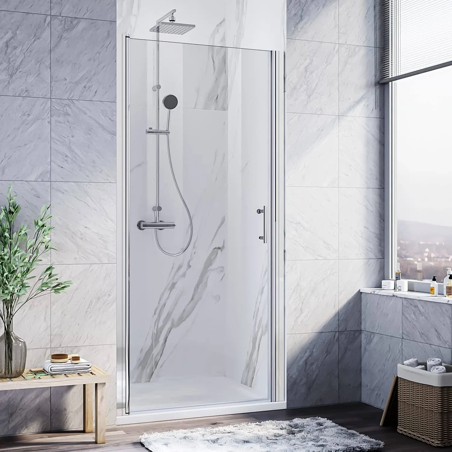 ELEGANT 34&#034;W x 72&#034;H Semi-Frameless Pivot Swing Shower Door Clear Glass in Chrome