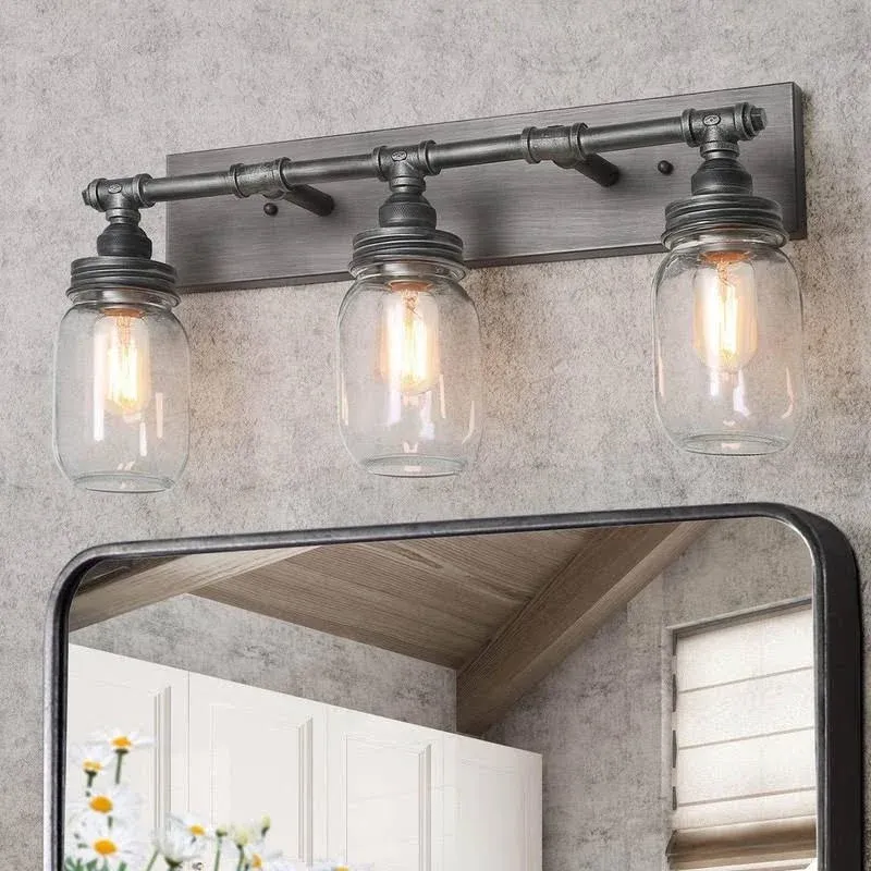 LNC 24'' Large Bathroom Light Fixtures, Industrial 3 Mason Jar Vanity Light with Antique-Silver Brushed Finish