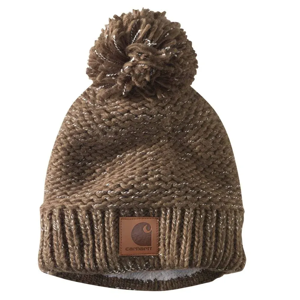 Carhartt Womens Rib Knit Sherpa Lined Pom Pom Beanie Hat One Size Color Coffee