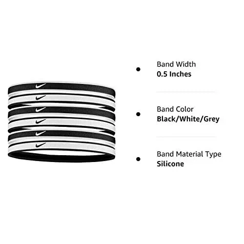 Nike Swoosh Sport Headbands 6 Pack (One Size Fits Most, Black/Grey/White) - Unisex