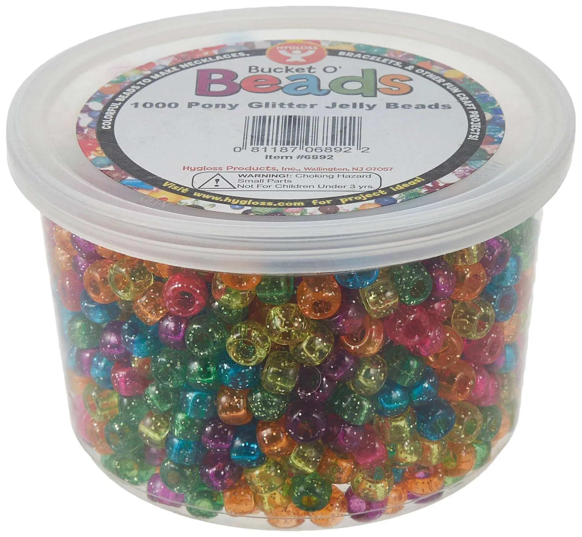 Hygloss Products Bucket O’Beads - Plastic Pony Bead Assortment for Crafts, Jewelry, Keychains and More - Reusable Container - Glitter Jelly Assorted Colors - 6x9 mm - 1,000 Pcs,6892