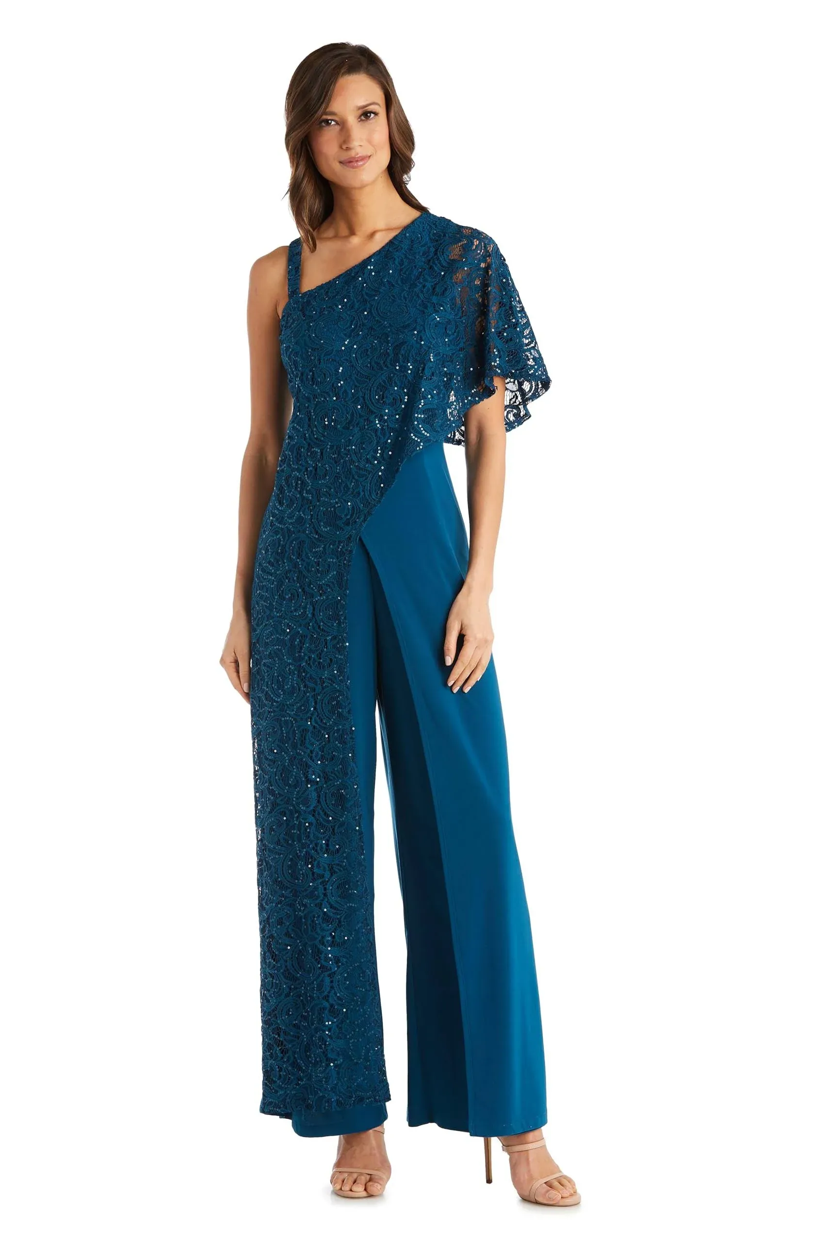 R&M Richards Womens Lace Overlay Sequined Jumpsuit