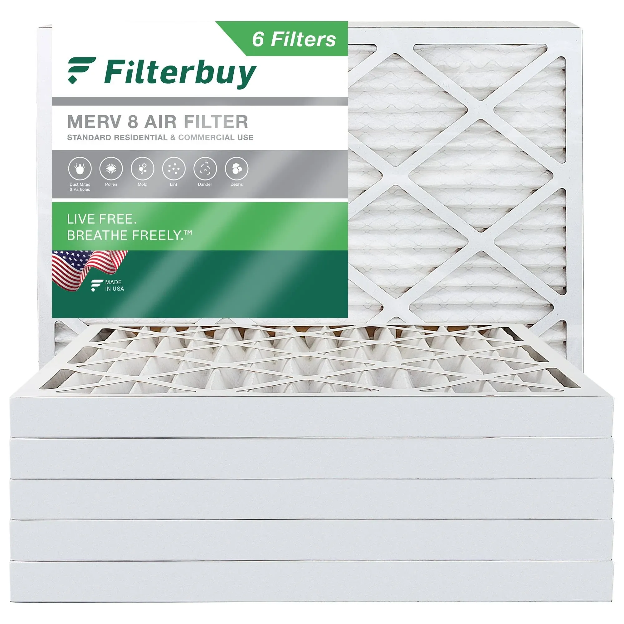 Filterbuy 15x20x2 Air Filter MERV 8, Pleated HVAC AC Furnace Filters Replacement (Set of 6) AFB15x20x2M8pk6