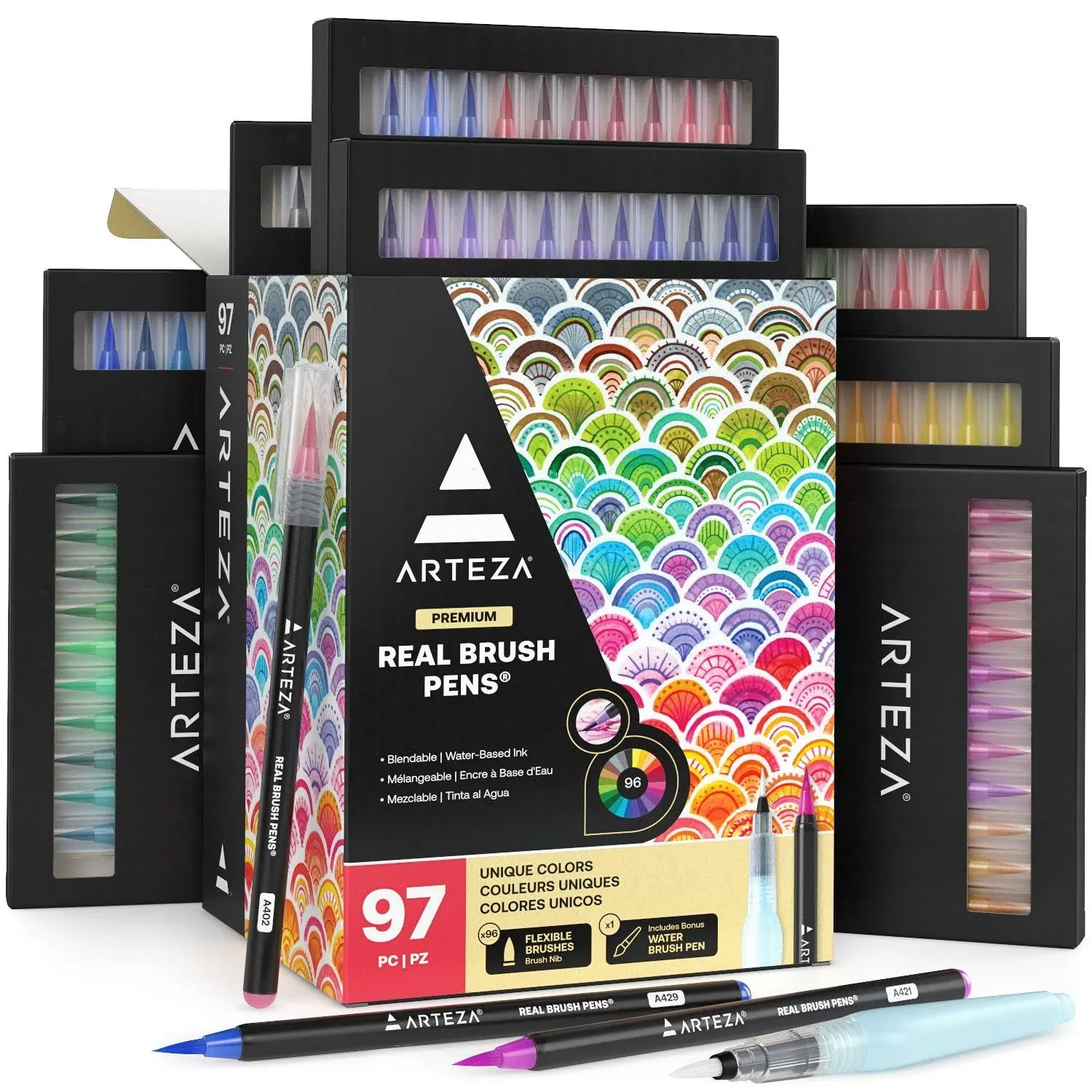 Real Brush Pens, 96 Drawing Pens Pack, Flexible Brush Tips, Professional Wate...