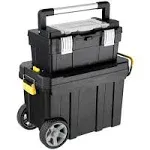 IRONMAX Portable Rolling Tool Box, 2 in 1 Stackable Mechanic Tool Organizer with Wheels and Pull Handle, Plastic Toolbox with Removable Tray for Tools and and Small Parts Storage