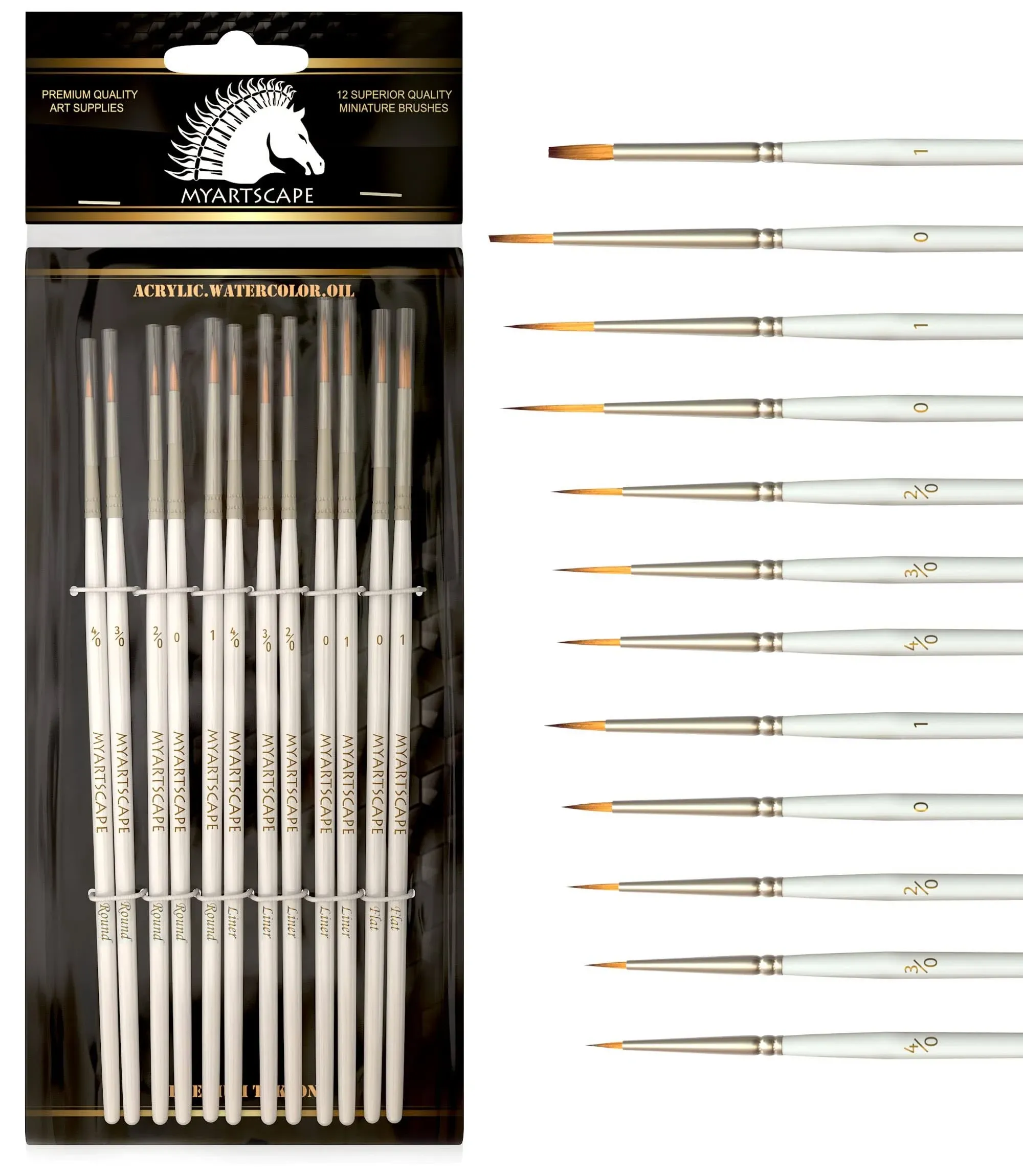 MyArtscape Artist Supplies Miniature Paint Brushes, Set of 12 for Detail & Fine Point Painting - use with Acrylic, Watercolor, Oil, Gouache - for Pinstriping, Warhammer 40k, Models & Lettering White