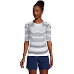 Lands' End Women's Crew Neck Elbow Sleeve Rash Guard UPF 50 Sun Protection Modest Swim Tee - Medium - White/Deep Sea Stripe