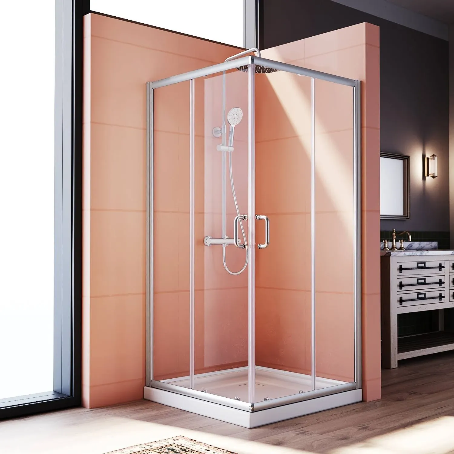 ELEGANT 36'' D. x 36'' W. x 72'' H. Double Opening Sliding Shower Enclosure with Base, 2 Stationary Panel Glass Shower Door, 1/4'' Clear Glass, Brushed Nickel