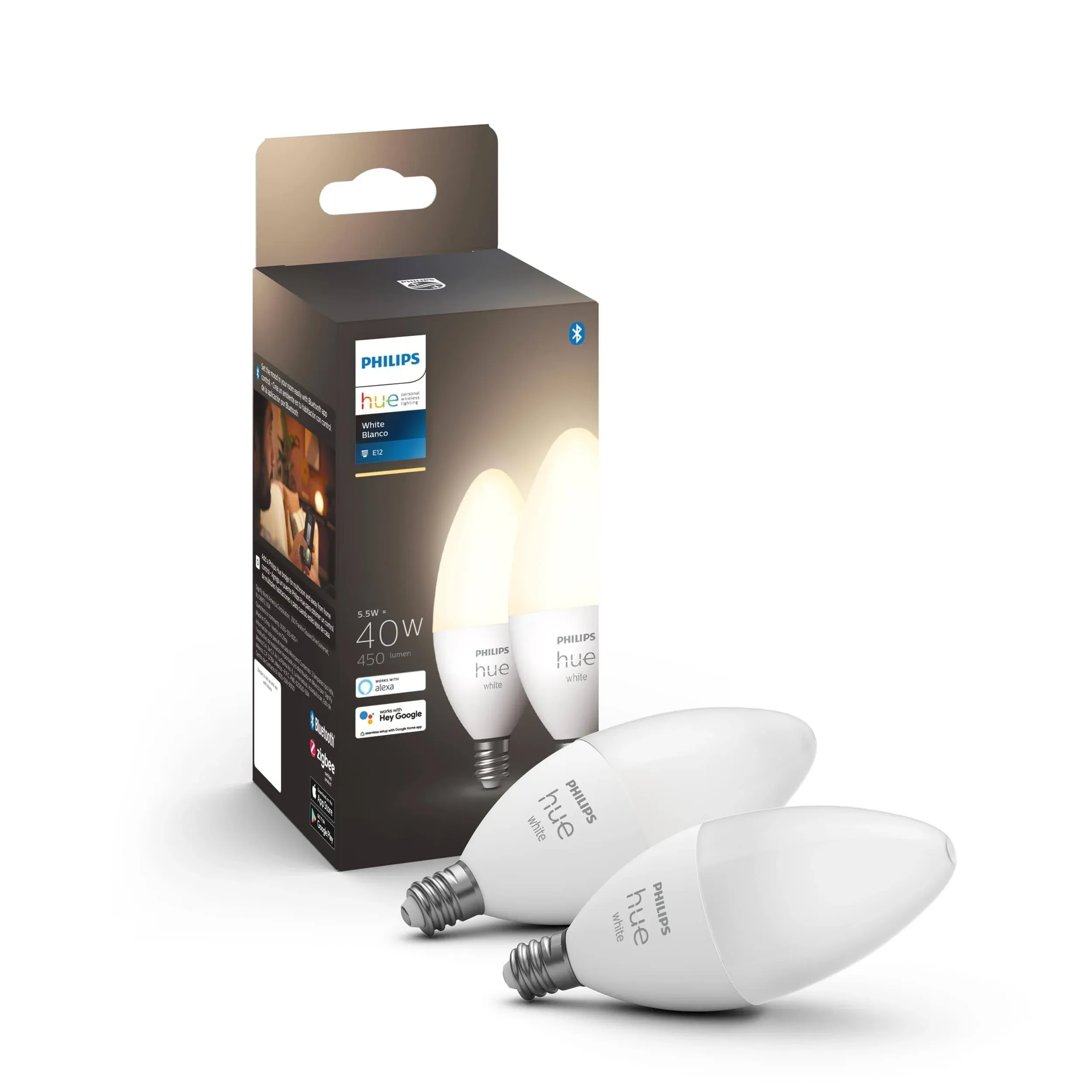 Philips Hue White E12 Candle Smart Bluetooth LED Light Bulbs 2-Pack