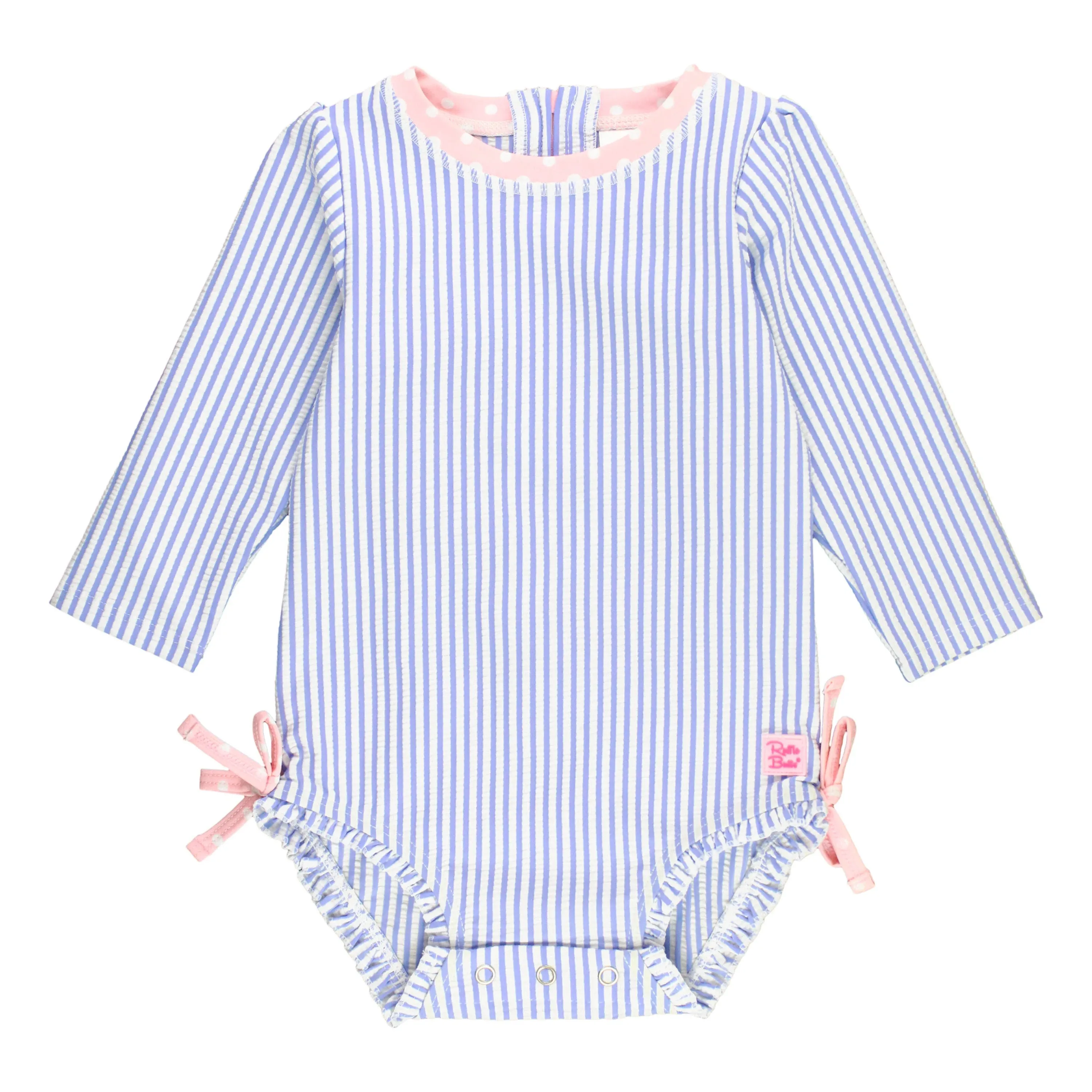 RuffleButts Periwinkle Blue Seersucker Long Sleeve Rash Guard One Piece - 0-3M