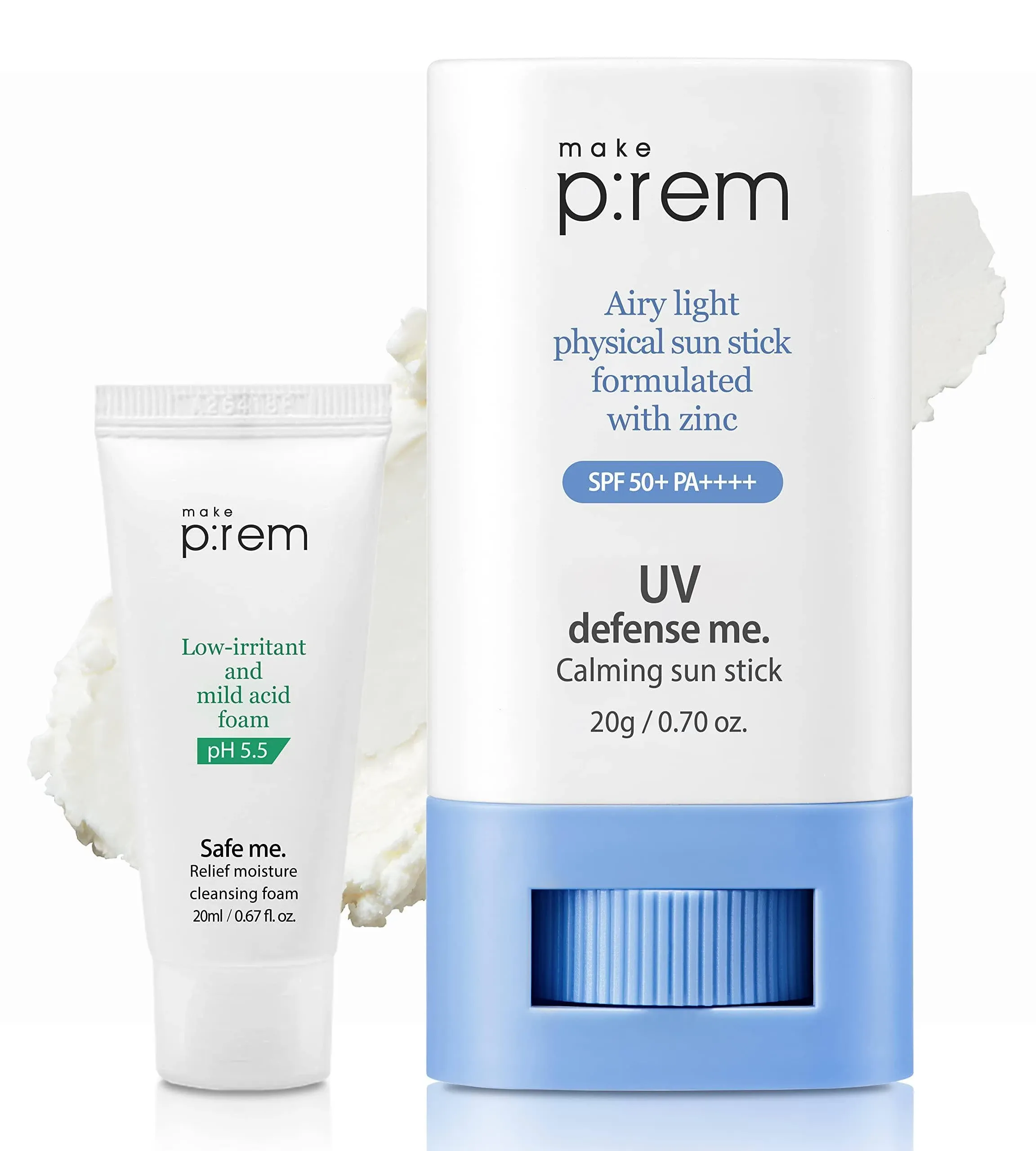 MAKEPREM UVA UVB Defense Me Calming Sun Stick Sunblock SPF 50+ PA++++ 0.7 Oz VEGAN Sensitive Oily Acne-Prone Skin Reef-Safe Mineral Sunscreen Non-Nano No Chemical UV Protection Non-Greasy Sticky Kids