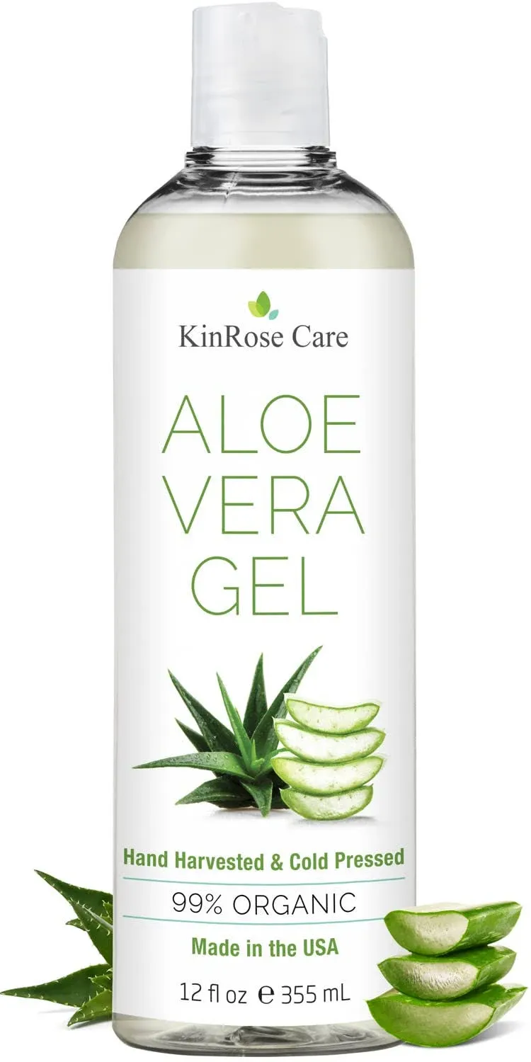 Kinrose Care, 12oz Organic Aloe Vera Gel for Face, Skin, Hair & Sunburn Relief - from 100 Percent Pure Aloe Vera - Cold Pressed, Vegan, Unscented -