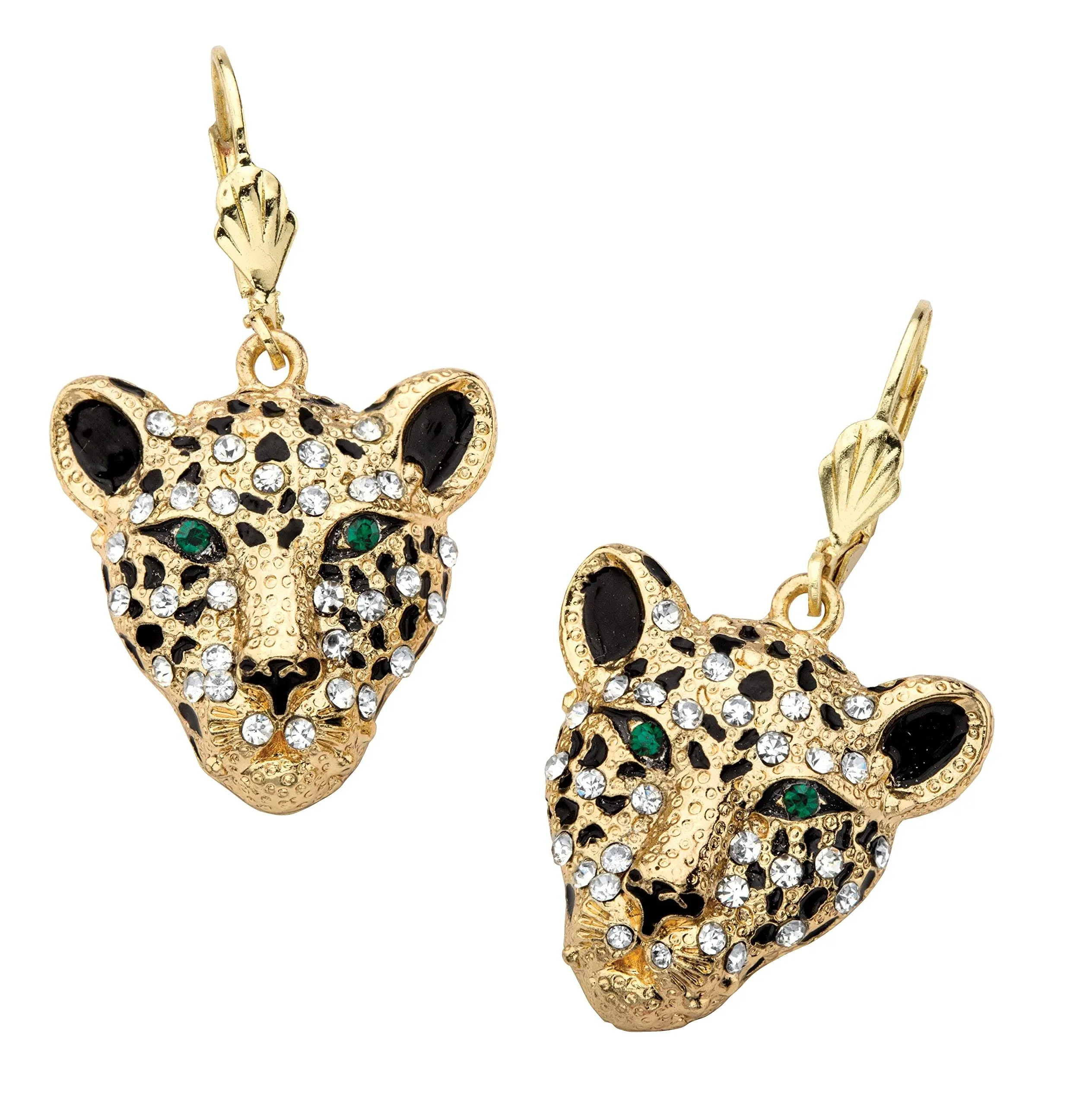 PalmBeach Jewelry White Crystal Leopard Face Drop Earrings with Green Crystal Accents in Gold Tone