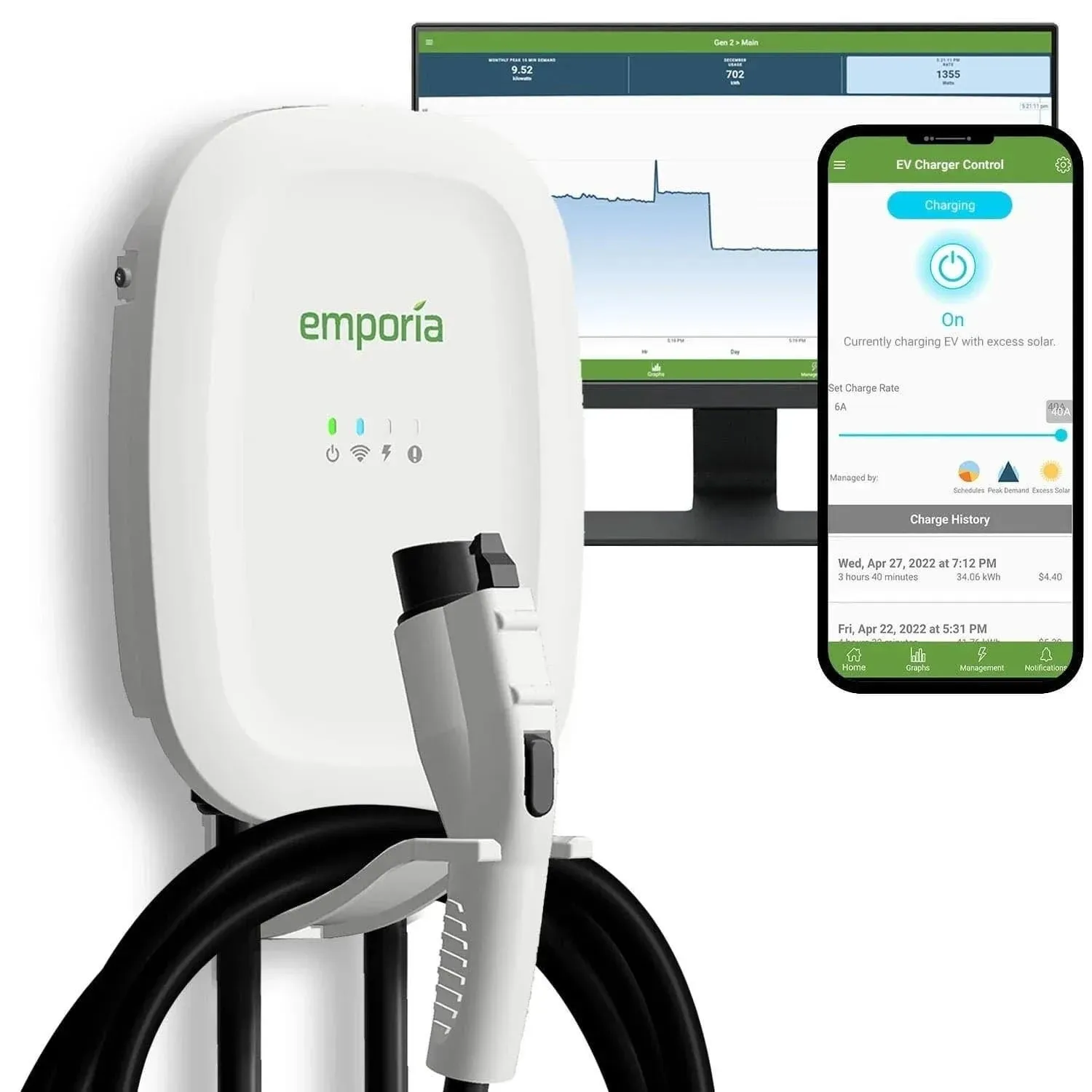 EMPORIA Level 2 EV Charger - NEMA 14-50 EVSE w/ J1772 Charger - 48 amp EV Charger Level 2, 240v WiFi Enabled Electric Vehicle Charging Station, 24ft Electric Car Charger Cable, White