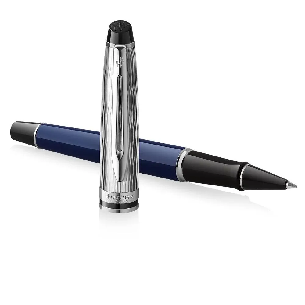 Waterman Expert Rollerball Pen | Metal & Blue Lacquer | Chiselled Cap | Black Ink | Gift Box