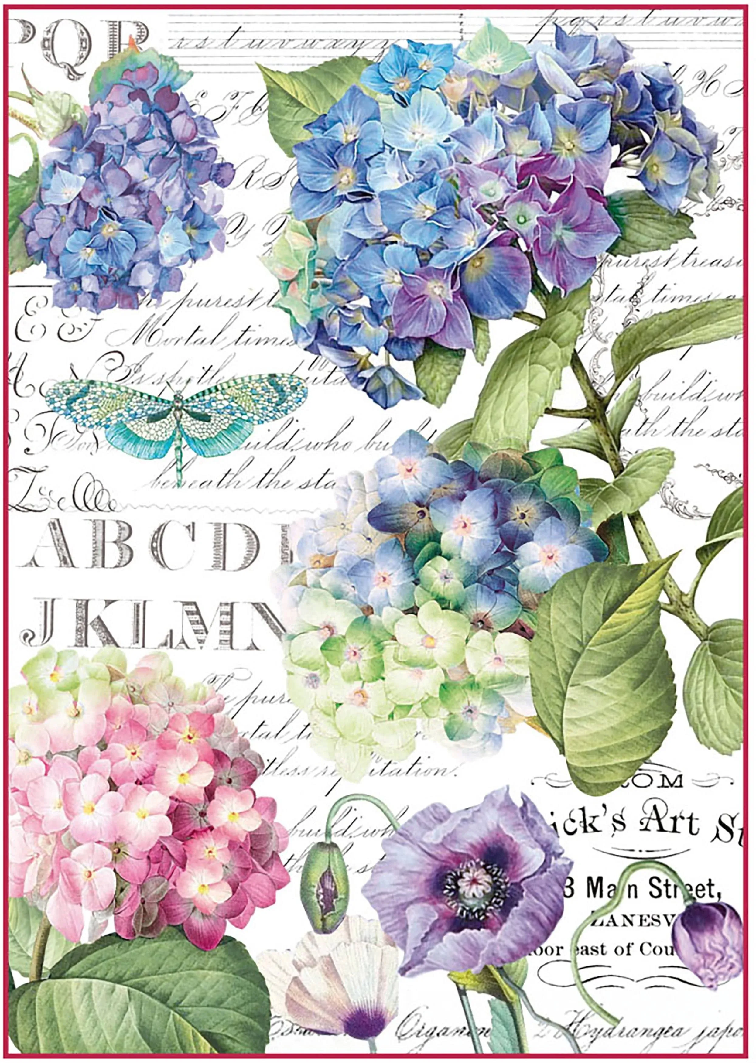 Stamperia  A4 Rice paper , Decoupage, Mixed Media,, Hortensia and Dragonfly, Hydrangea, Flowers, 8.3&quot; X 11.7&quot; DFSA4307, Imported