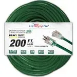 200ft Power Extension Cord Outdoor & Indoor - Waterproof Electric Drop Cord Cable - 3 Prong SJTW, 10 Gauge, 10 AMP, 125 Volts, 1250 Watts, 10/3 by LifeSupplyUSA - Green (1 Pack)