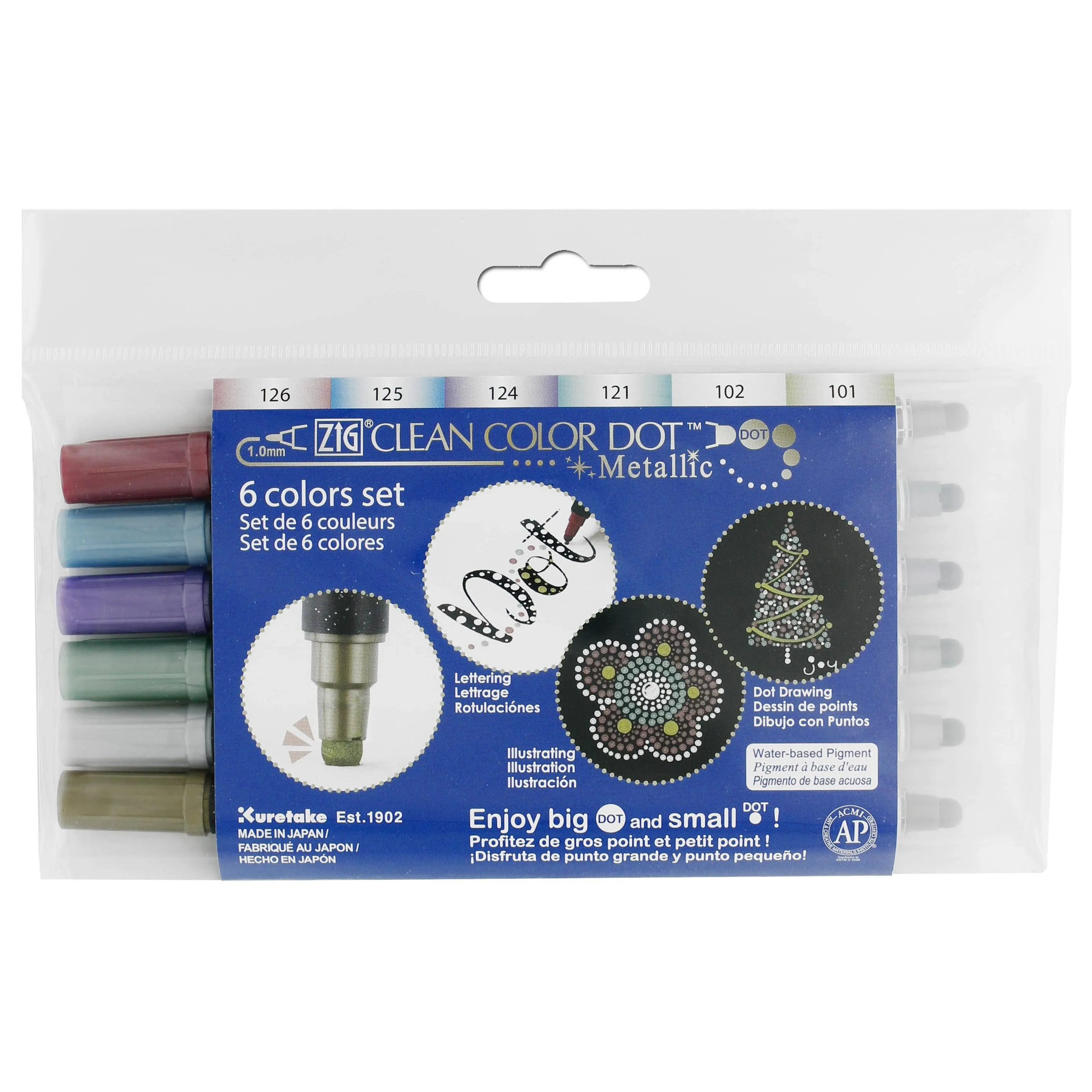 Kuretake ZIG Clean Color Dot METALLIC Twin Series Double-Sided Marker - One Marker or 6 Piece Set | Tc-8100