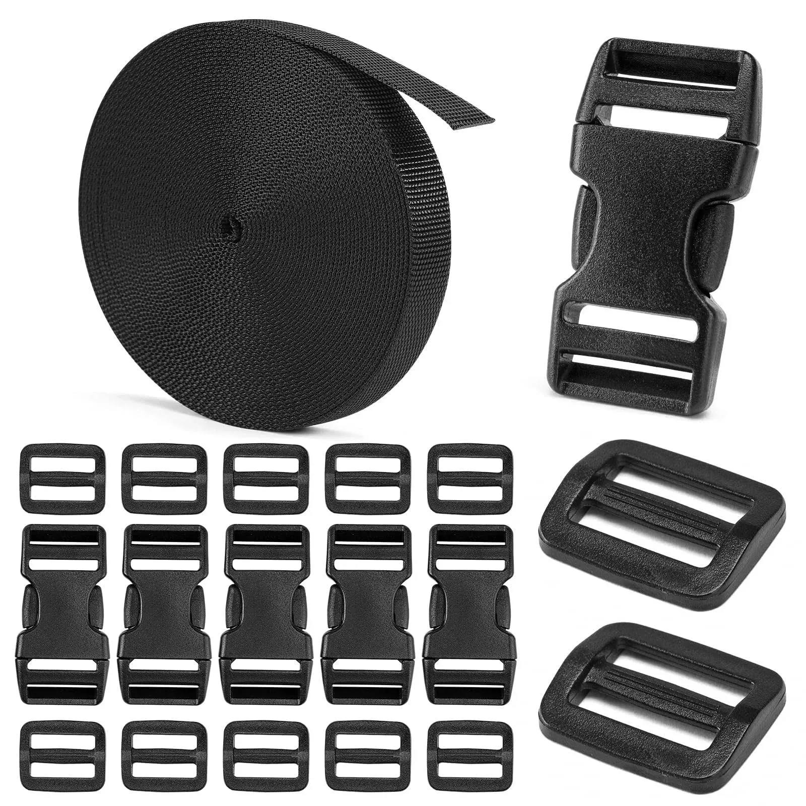 BEYOURD 3/4" Buckles and Straps Set: 6 Yards of Thick Nylon Webbing, 6-Pack Quick Side Release Adjustable Plastic Buckles, 12 Tri-Glide Slide Clips(