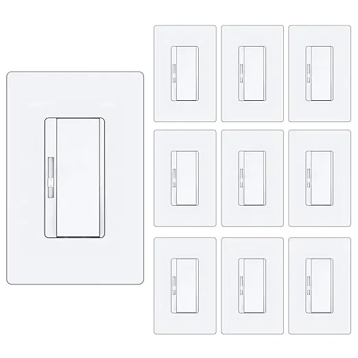 BESTTEN 10 Pack Super Slim Digital Dimmer Light Switch, Quiet Rocker, Max 300W LED, CFL, 600W Halogen, Single Pole or 3 Way Dimmable Switch, Screwless Wallplate Included, ETL Listed, White