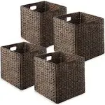 Casafield 12 inch x 12 inch Water Hyacinth Storage Baskets, Espresso - Set of 4 Collapsible Cube Organizers, Woven Bins for Bathroom, Bedroom, Laundry