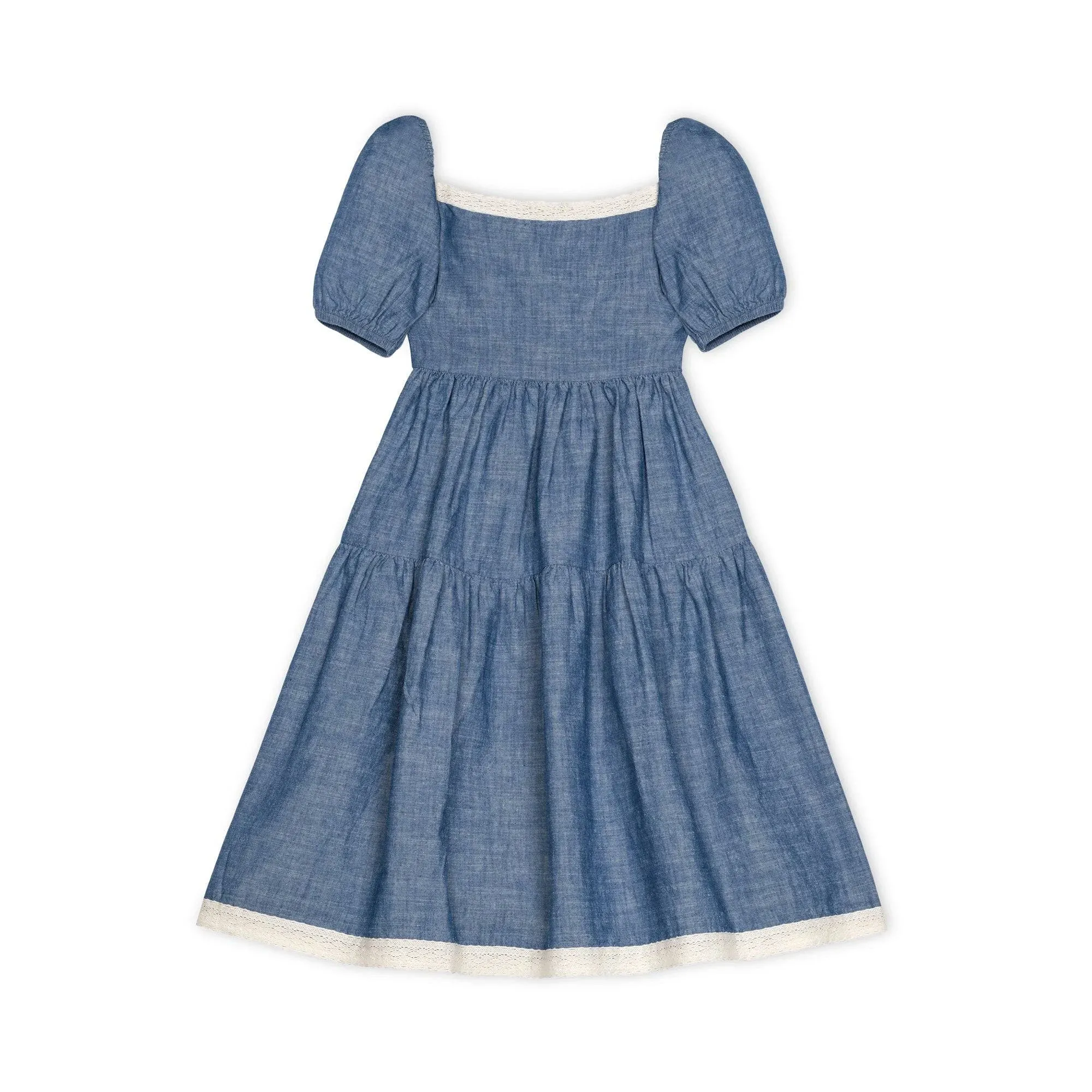 Hope & Henry Girls' Short Bubble Sleeve Crochet Trim Chambray Dress, Kids, 7