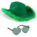 Funcredible St Patrick's Day Cowgirl Hat with Glasses - Halloween Cowboy Hat with Feathers - Cow Girl Costume Accessories - Fun Bride Western Rodeo Party Hats and Goggles for Women, Girls, and Kids