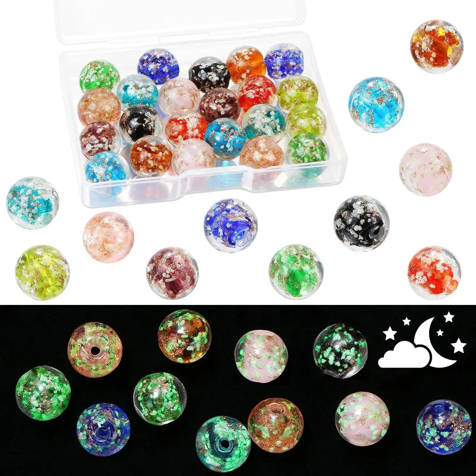 UHOMENY 22 Pcs Assorted Glow in The Dark Beads, 12mm Luminous Crackle Glass Beads ...