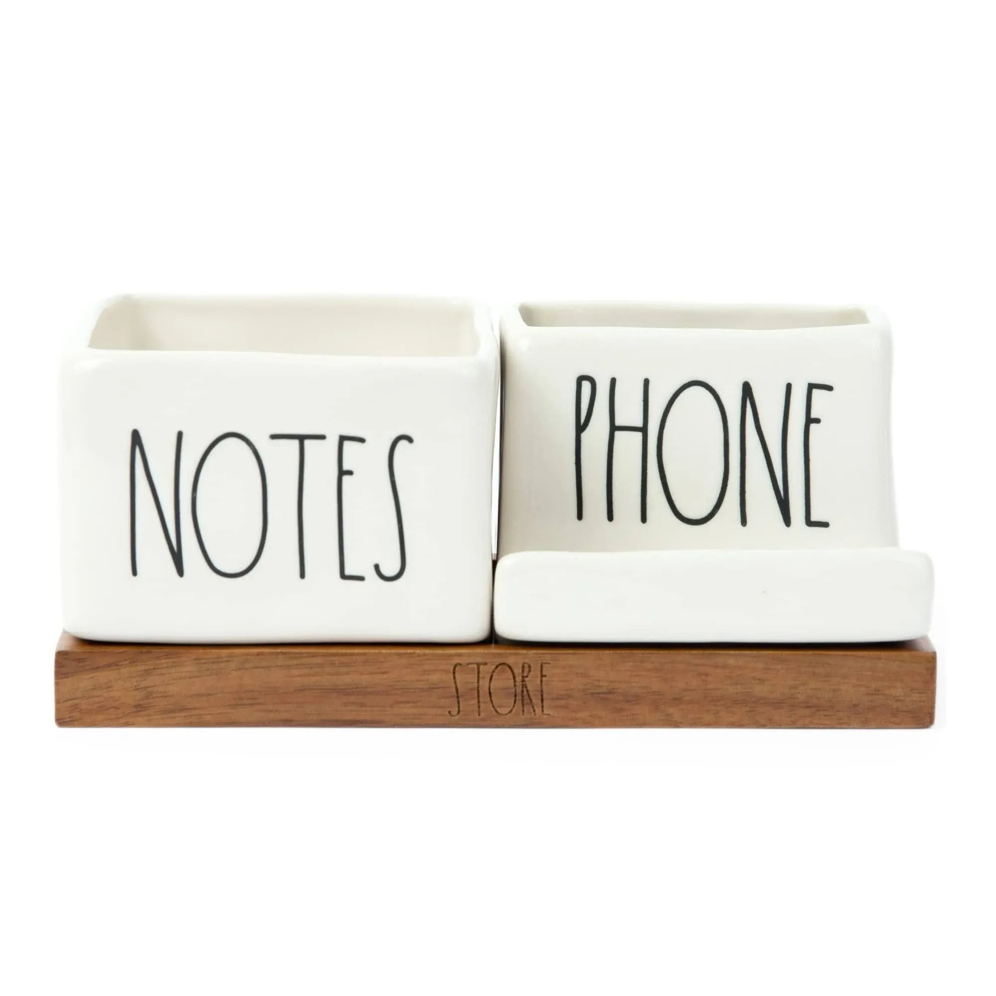 Rae Dunn Desk Organizer, Ceramic and Wood Organizer Tray with Cell-Phone Holder,