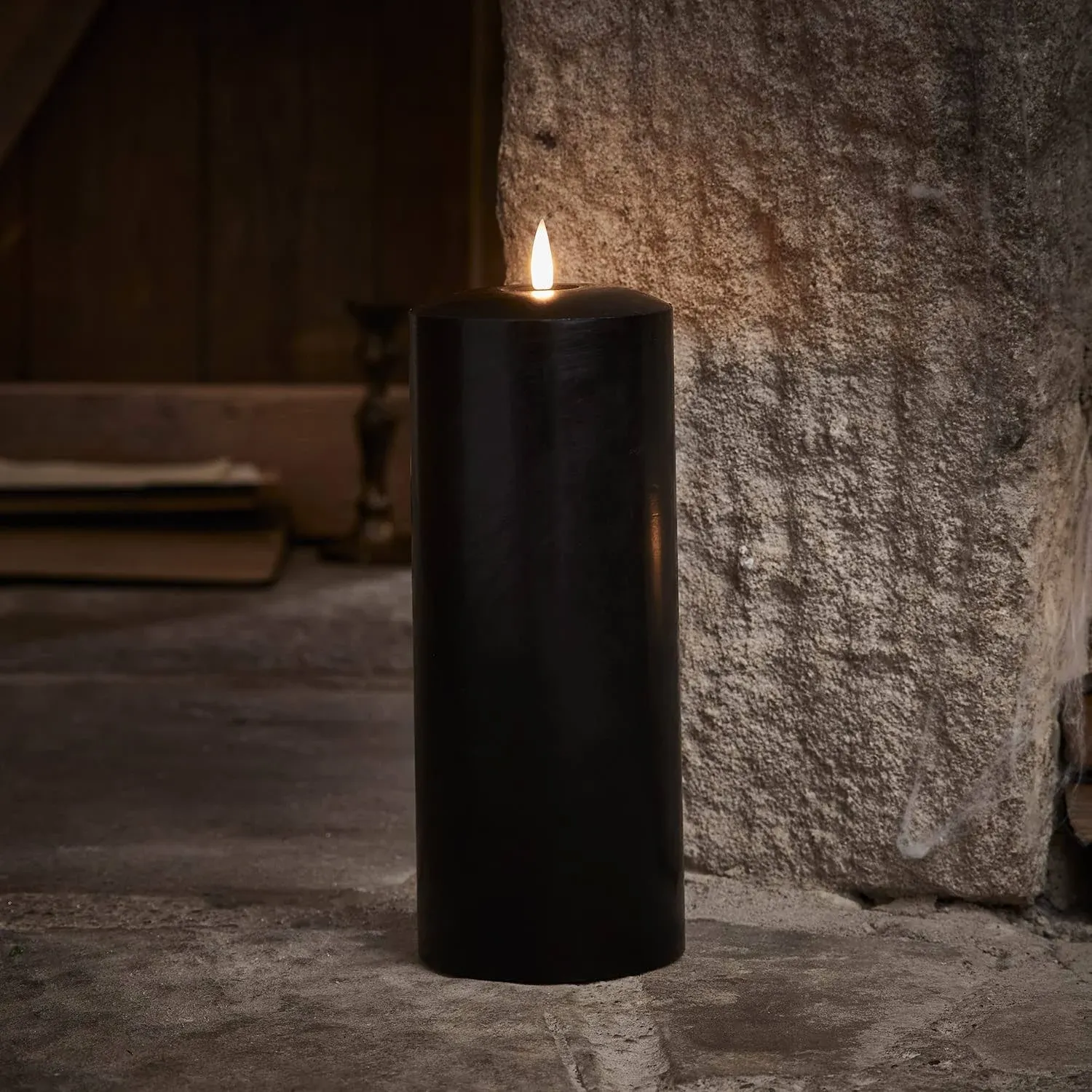 Lights4fun, Inc. 10" x 4” TruGlow Black Wax Flameless LED Battery Operated Chapel Pillar Candle with Timer