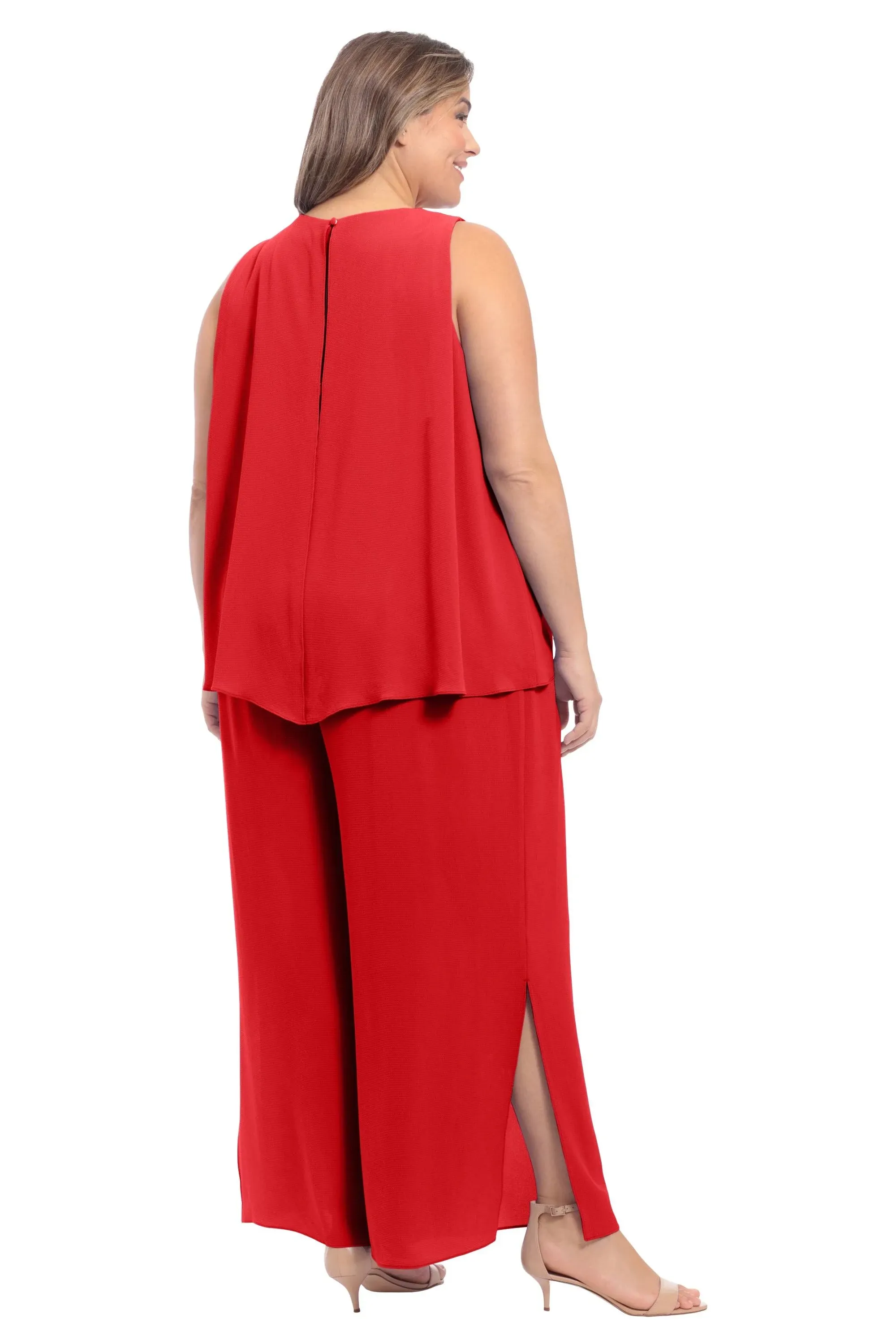 London Times Jewel Neck High Low Popover Jumpsuit - Plus Red / 14W