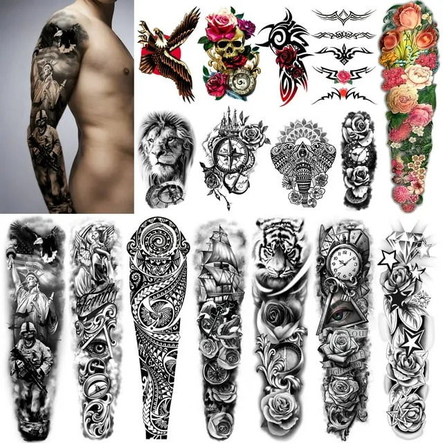 Yazhiji Extra Large Temporary Tattoos 8 Sheets Full Arm Fake Tattoos and 8 Sh...