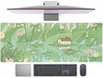 Cute Green Plant Floral Desk Mat Anime Frog Mouse Pad XL Kawaii Japanese Large PC Gaming Mousepads Computer Keyboard and Mouse Mat for Women Office Gamer Girl Desk Decor Desk Pad 31.5x11.8 in