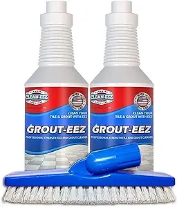 Clean-eez Grout Cleaner 2 Pack with Free Stand-Up Brush - Stain Remover Heavy-Duty Scrubber - Bathroom Shower Ceramic Porcelain - Easy Control Flip Top Cap - 32 oz.