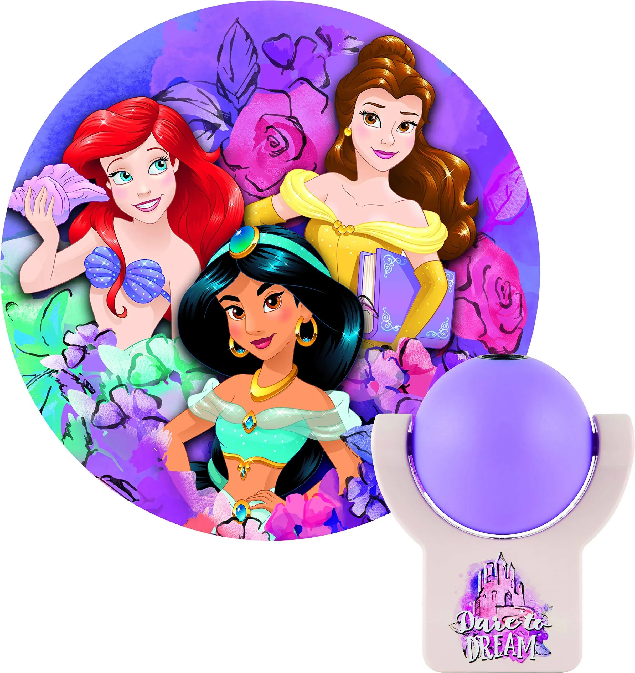 Projectables Disney Princess LED Night Light Plug-In, Dusk-to-Dawn, Ariel, Belle, and Jasmine on Ceiling, Floor, or Wall, Ideal for Girls Room, Nursery, Playroom, Bathroom, Bedroom, 13230, 1-Image