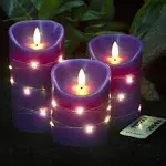 danip Purple Flameless Candle, Built-in Star String, 3 LED Candles, 11 Button Remote Control, 24 Hours Timer Function, Dancing Flame, Real Wax, Battery Powered. (Purple)