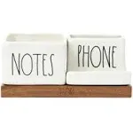 Rae Dunn Desk Organizer, Ceramic and Wood Organizer Tray with Cell-Phone Holder, Note-Card Holder, and Pen Holder, Organizer for Office Desk Accessories