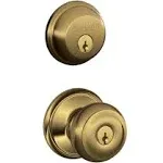 SCHLAGE Satin Nickel FB50N V GEO 619 B60 Single Cylinder Deadbolt and F51 Entry Georgian Knob Keyed Alike, Finish, Security Set