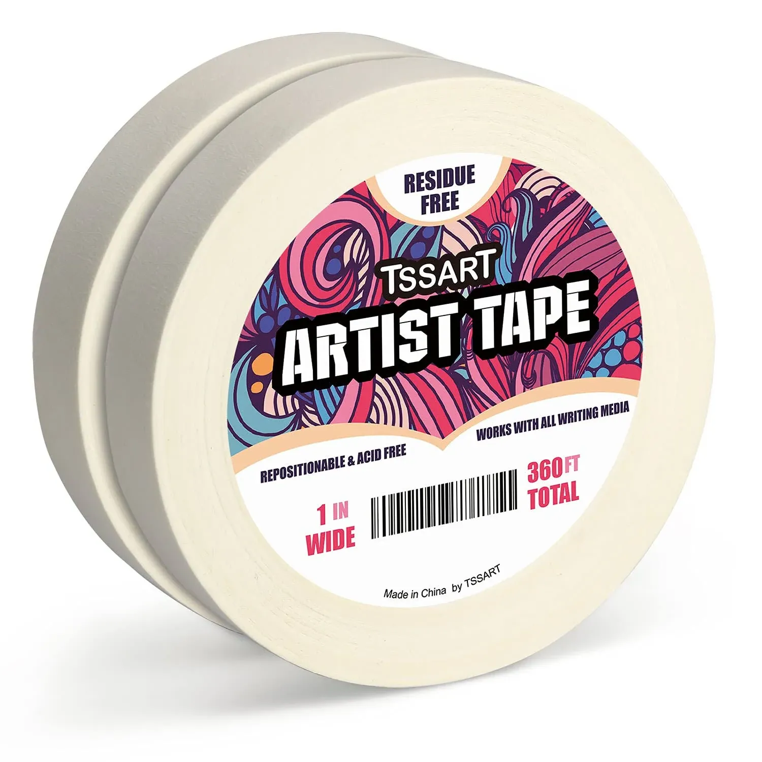 TSSART 2 Pack White Artist Tape - Masking Artists Tape for Drafting Art Watercolor Painting Canvas Framing - Acid Free 1 inch Wide 360ft Long Total