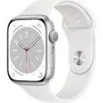 Apple | Geek Squad Certified Refurbished Watch Series 8 (GPS) 45mm Aluminum Case with White Sport Band - M/L - Silver | Realry