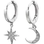 CZ Moon Star Dangle Small Hoop Earrings for Women Girls Sterling Silver with Charms Crystal Asymmetrical Snowflake Crescent Drop Mini Cartilage Clip Jewelry Delicate Fashion Birthday Gifts Best Friend