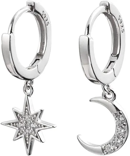 CZ Moon Star Dangle Small Hoop Earrings for Women Girls Sterling Silver with Charms Crystal Asymmetrical Snowflake Crescent Drop Mini Cartilage Clip Jewelry Delicate Fashion Birthday Gifts Best Friend