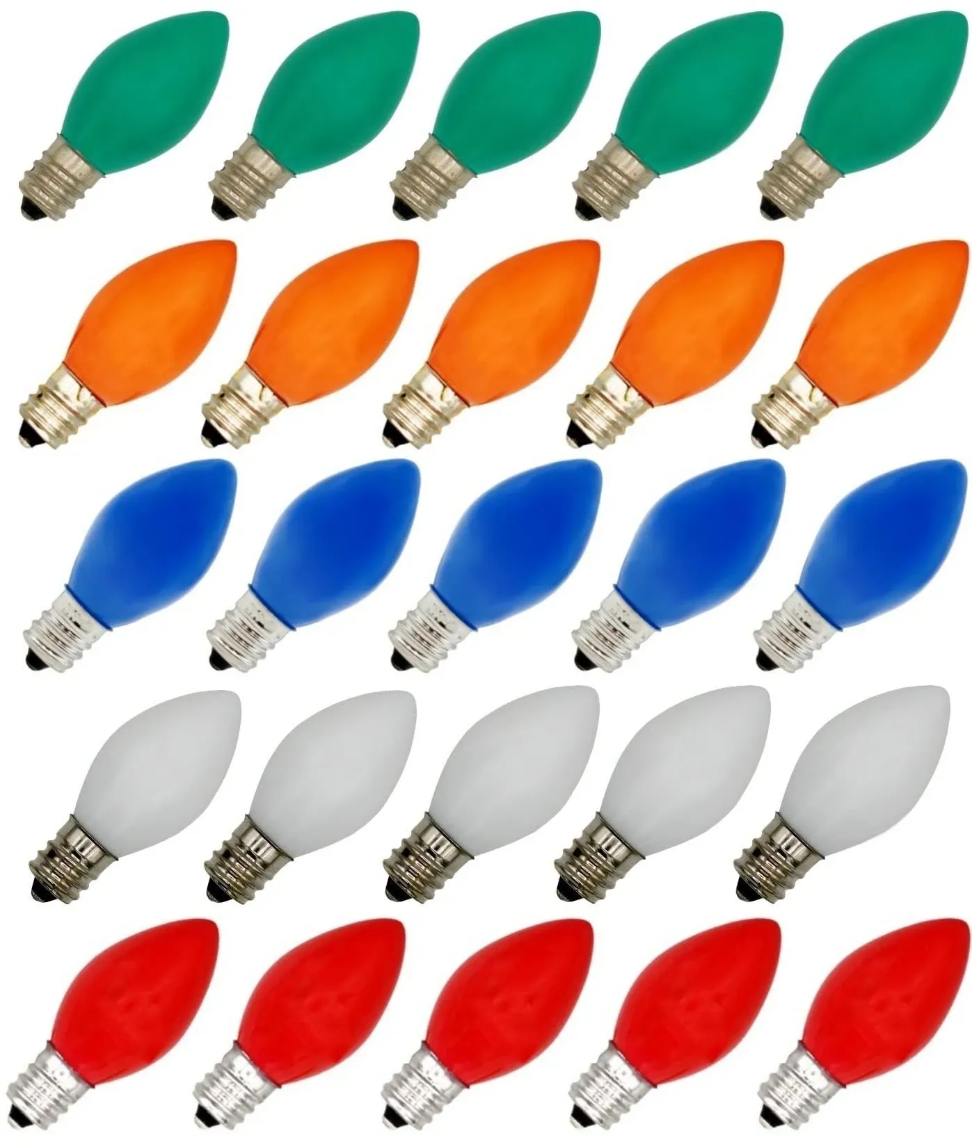 25-Pack C7 Multicolor 7-Watt Christmas Light Bulbs, Ceramic Base, Extended Life