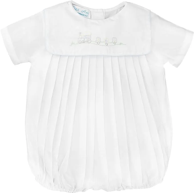 Baby Boys' Square Collar Romper with Train Embroidery