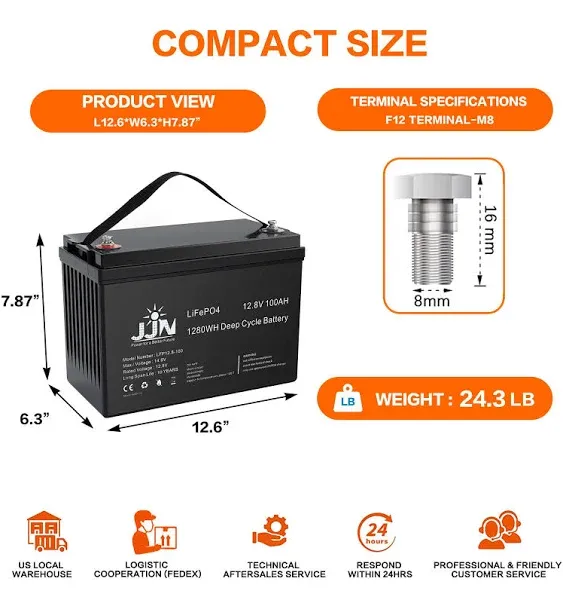 JJN 12V 100ah Lithium Battery 1280Wh Low Temp Cutoff LifePO4 Battery 100ah 8000+ Cycles Times Deep Cycle Battery Built-in 100A BMS System Perfect for Solar Home Energy Storage RV Camper Off Grid